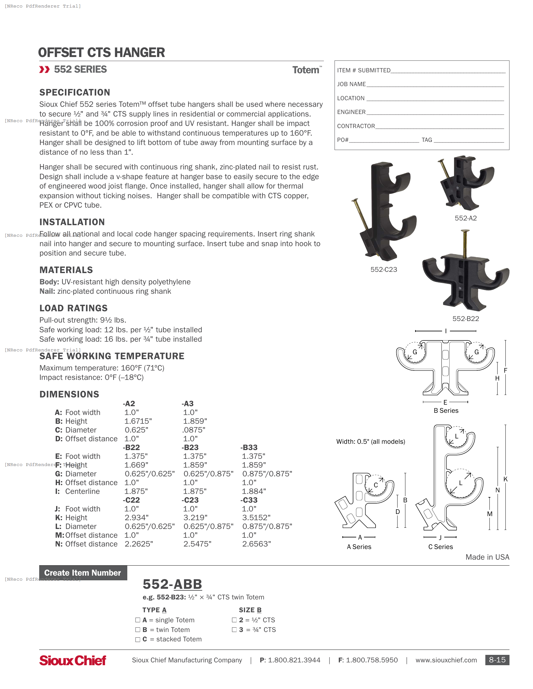 552 SERIES - TOTEM OFFSET TUBE HANGER - SPEC SHEET.PDF Specification Document